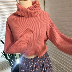 Rose colored cropped cowl neck sweater in dusty pink